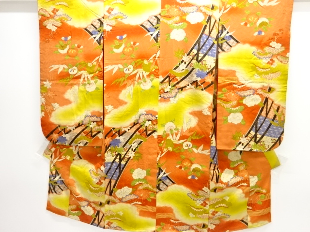 JAPANESE KIMONO / ANTIQUE KIMONO / SILK / MON KINSHA / BRIDGE & FLOWER